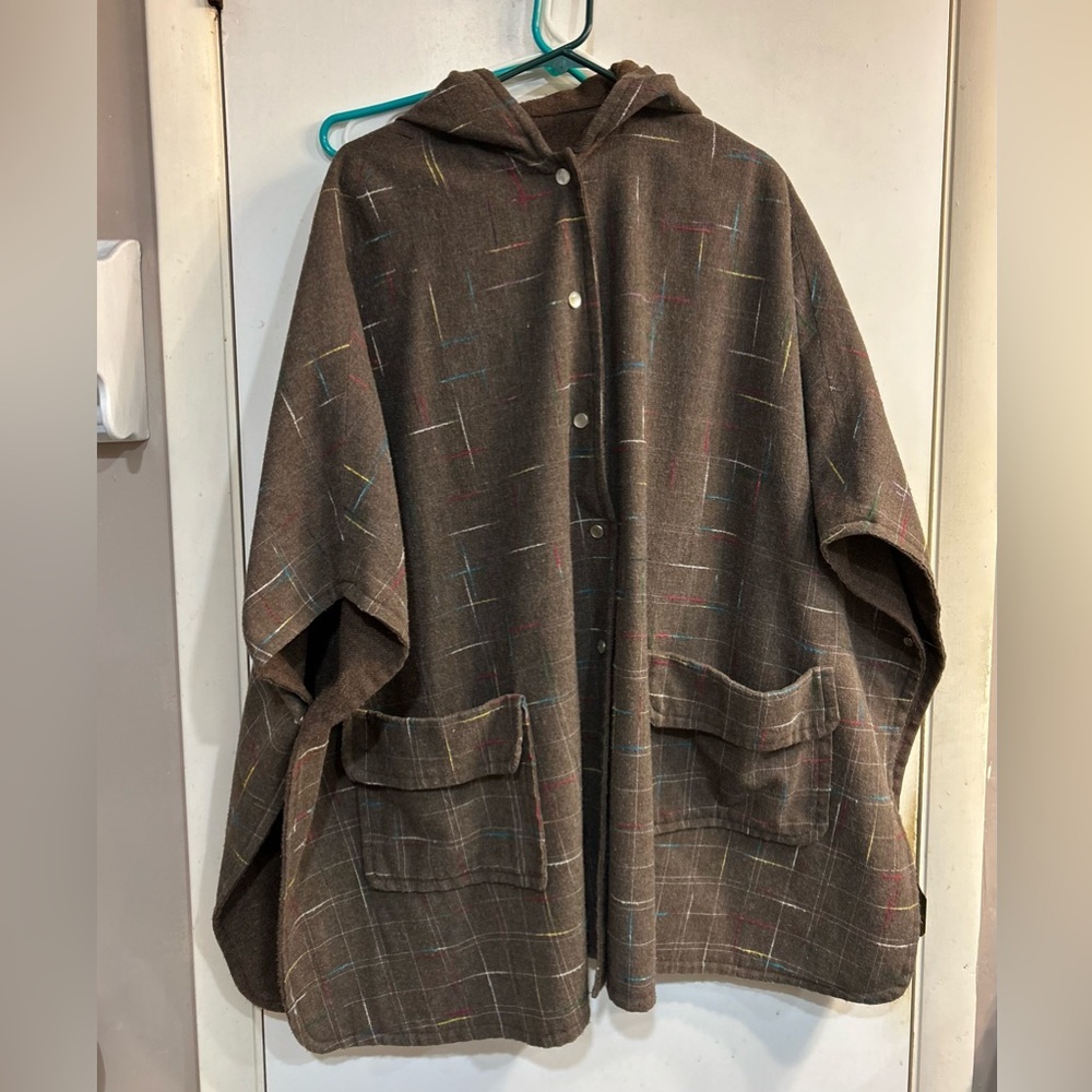 Vintage Brown Hooded Poncho with Multicolor Accents one size fits all
